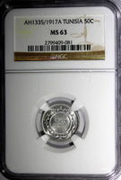 Tunisia Muhammad al-Nasir Bey Silver AH1335/1917  50 Centimes NGC MS63 KM237 (1)