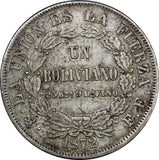Bolivia Silver 1872 PTS FE Boliviano ERROR LEGEND XF .Toning SCARCE KM# 160.1