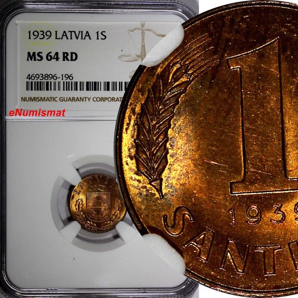 Latvia Bronze 1939 1 Santims NGC MS64 RD FULL RED TONING GEM BU  KM# 10 (196)