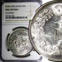 Japan Meiji Silver Yr.38 (1905) 1 Yen NGC UNC DET.38.1mm Y# A25.3 Ex.Pittman (2)