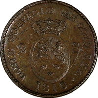 Denmark Frederik VI Copper 1810 IC 2 Skilling 2 YEARS TYPE ch.XF KM# 670 (579)