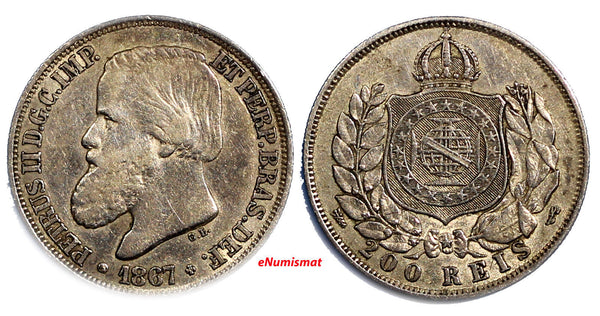 Brazil Pedro II  Silver 1867 200 Reis XF+ Condition Toned  KM# 471 (4080)