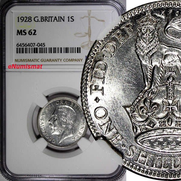 Great Britain George V Silver 1928 1 Shilling NGC MS62 KM# 833 (45)