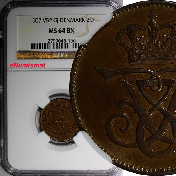 Denmark Frederik VIII Bronze 1907 VBP GJ 2 Ore NGC MS64 BN KM# 805 (156)