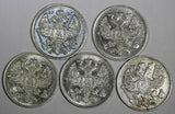 RUSSIA Nicholas II Silver LOT OF 5 COINS 1914 СПБ BC 20 KOPECKS UNC Y#22a.1 (5)