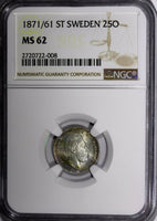 SWEDEN Carl XV Silver 1871/61 25 ORE OVERDATE NGC MS62 1 GRADED HIGHER KM712/008