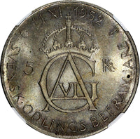 SWEDEN Silver 1952 ST 5 Kronor NGC MS64 70th Birthday Gustaf VI Adolf KM# 828(7)