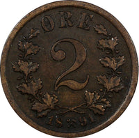 NORWAY Oscar II Bronze 1891 2 Ore Lion  KM# 353 (20 844)