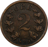 NORWAY Oscar II Bronze 1891 2 Ore Lion  KM# 353 (20 844)