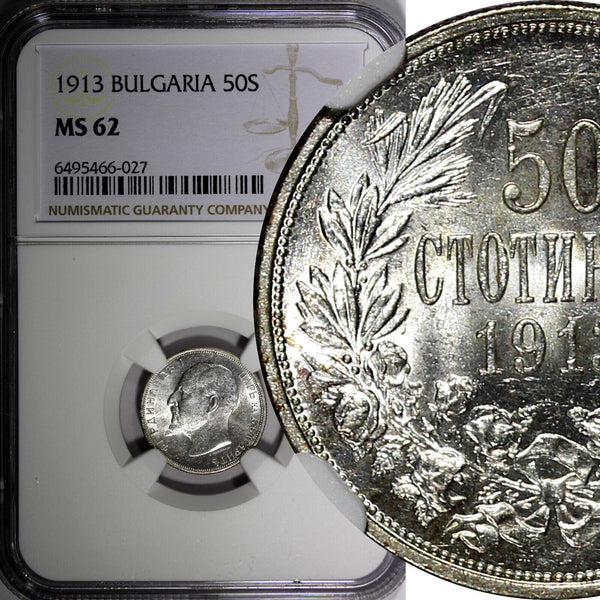 Bulgaria Ferdinand I Silver 1913 50 Stotinki NGC MS62 Nice Toned KM# 30 (027)