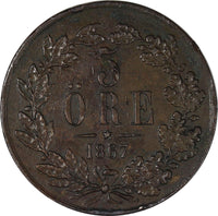 Sweden Carl XV Adolf (1859-1872) Bronze 1867 L.A.5 Öre 28.9mm KM# 707 (20 482)