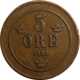 Sweden Oscar II Bronze 1882/1 5 Ore Overdate VF Condition SCARCE KEY DATE KM#736