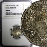 India-British George VI 1940 (B) 1/4 Rupee NGC MS64 LONG TREFOLS KM#544a (001)