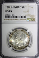 SWEDEN Gustaf V Silver 1930 G  2 Kronor NGC MS65 1 GRADED HIGHEST SCARCE KM# 787
