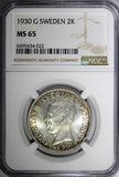 SWEDEN Gustaf V Silver 1930 G  2 Kronor NGC MS65 1 GRADED HIGHEST SCARCE KM# 787