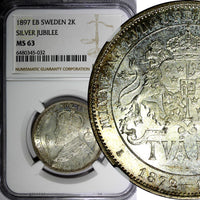 SWEDEN Silver Jubilee Oscar II 1897 EB 2 Kronor NGC MS63 NICE TONED KM# 762 (32)