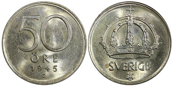 Sweden Gustaf V Silver 1945 G 50 Ore  WWII Issue GEM BU KM# 817 (008)