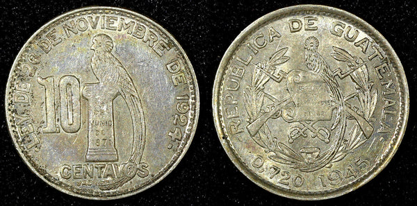 GUATEMALA Silver 1945 10 Centavos Guatemala City Mint KM# 239.1 (22 851)