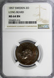 Sweden Oscar I 1857 2 Ore Long Beard NGC MS64 BN TOP GRADED BY NGC KM# 688(016)