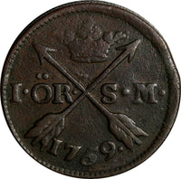 SWEDEN Adolf Frederick (1751-1771) Copper 1759 S.M. 1 Ore 1 KM# 460 (14558)