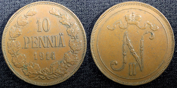 Finland Nicholas II Copper 1914 10 Penniä Mintage-605,000 KM# 14 (23 035)