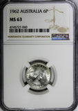 Australia Elizabeth II Silver 1962 6 Pence Sixpence NGC MS63 KM# 58 (060)