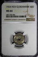 DENMARK Christian X Copper-Nickel 1924 HCN GJ 10 Ore NGC MS64 KM# 822.1
