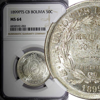 BOLIVIA Silver 1899 PTS CB 50 Centavos, 1/2 Boliviano NGC MS64 BU KM# 161.5 (2)