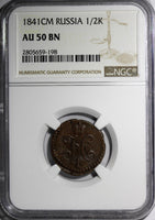 Russia Nicholas I Copper 1841 CM 1/2 Kopek NGC AU50 BN 1 Graded Highest C# 143.4