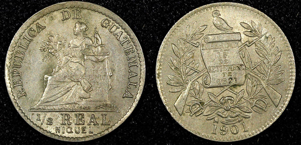 GUATEMALA Copper-nickel 1901 H 1/2 Real Birmingham Mint KM# 176  (22 859)