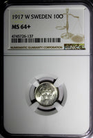 SWEDEN Gustaf V Silver 1917-W 10 Ore NGC MS64+ "PLUS" WWI Issue KM#780 (137)