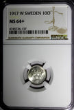 SWEDEN Gustaf V Silver 1917-W 10 Ore NGC MS64+ "PLUS" WWI Issue KM#780 (137)