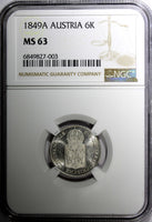 AUSTRIA Franz Joseph I Silver 1849 A 6 Kreuzer NGC MS63 KM#2200 (03)