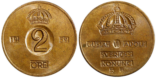 Sweden Gustaf VI Bronze 1959 TS 2 Ore GEM BU Toned KM# 821 (21 950)