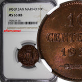 San Marino 1936 R 10 Centesimi NGC MS65 RB Lowest Mintage -300,000 KM# 13 (251)