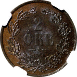 Sweden Carl XV Adolf Bronze 1864 2 Ore NGC AU58 BN  Mintage-600,000  KM# 706 (4)