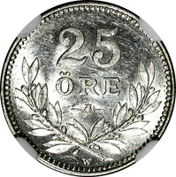 Sweden Gustaf V Silver 1910 W 25 Ore LARGE CROSS NGC MS62  KM# 785