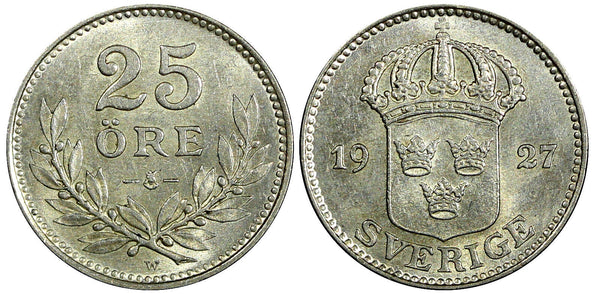 Sweden Gustaf V Silver 1927 W  25 Öre UNC  KM# 785 (22 055)