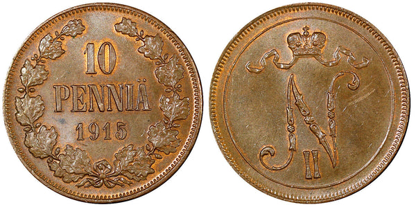 Finland Nicholas II Copper 1915 10 Penniä Mintage-420,000 Unc Nice KM# 14 (044)