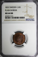 SWEDEN Carl XIV Johan Copper 1832 1/6 Skilling PLAIN BORDER NGC MS64 RB KM634(5)