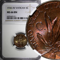 Vatican City Pius XI Bronze 1936 5 Centesimi NGC MS66 BN TOP GRADED KM# 1 (011)