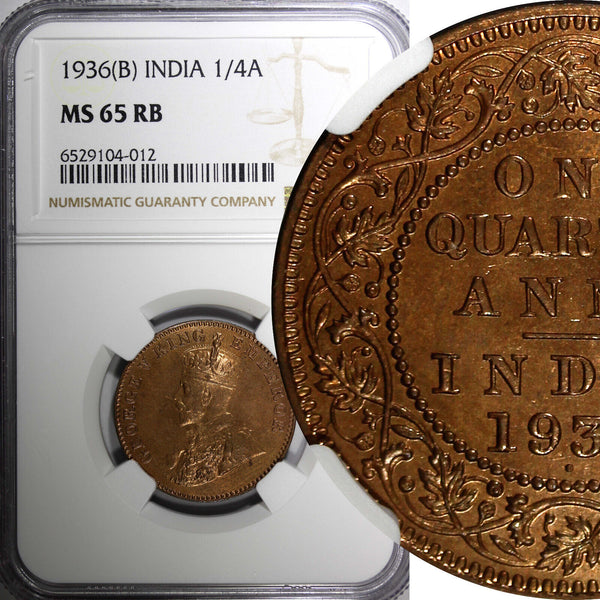 India-British George V Bronze 1936 (B) 1/4 Anna NGC MS65 RB LAST DATE KM#512 (2)