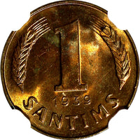 LATVIA Bronze 1939 1 Santims NGC MS64 RB Nice Red Toning BU KM# 10 (053)