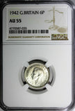 Great Britain George VI Silver 1942 6 Pence NGC AU55 KM# 852 (035)