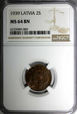 LATVIA Bronze 1939 2 Santimi NGC MS64 BN 1 YEAR TYPE Mint Luster KM# 11.2