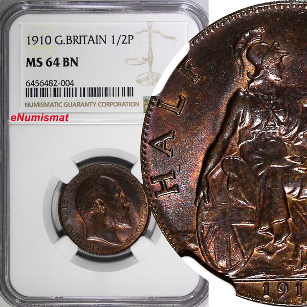 Great Britain Edward VII 1910 1/2 Penny NGC MS64 BN TOP GRADED KM# 793.2 (004)