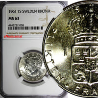 Sweden Gustaf VI Silver 1961 TS 1 Krona NGC MS63 GEM BU KM# 826 (058)