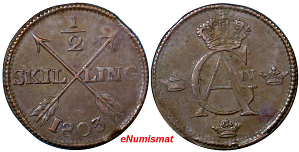 SWEDEN COPPER 1803 1/2 SKILLING CHOICE VF  KM#565 (3690)