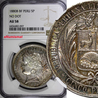 Peru Silver 1880 BP 5 Pesetas No Dot 37mm NGC AU58 Nice Toned KM# 201.1 (7)