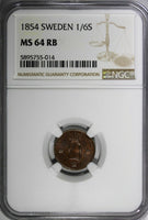 Sweden Oscar I Copper 1854 1/6 Skilling NGC MS64 RB 1 GRADED HIGHEST KM# 656/014